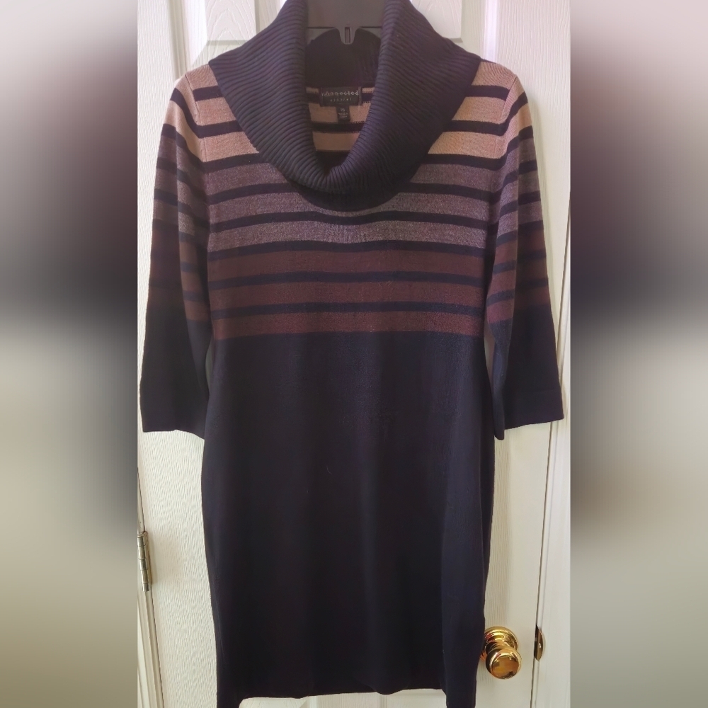 Connected Apparel Black & Brown Striped Sweater Dress - Size Petite Small